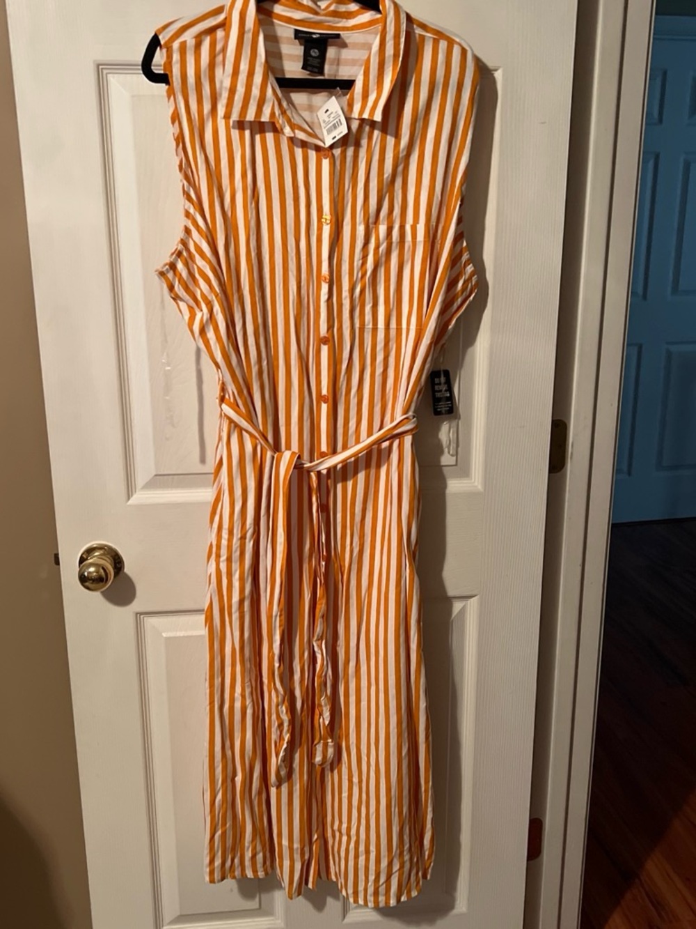 Ashley Stewart Orange and White Striped Sleeveless Shirt Midi Dress with Tie
